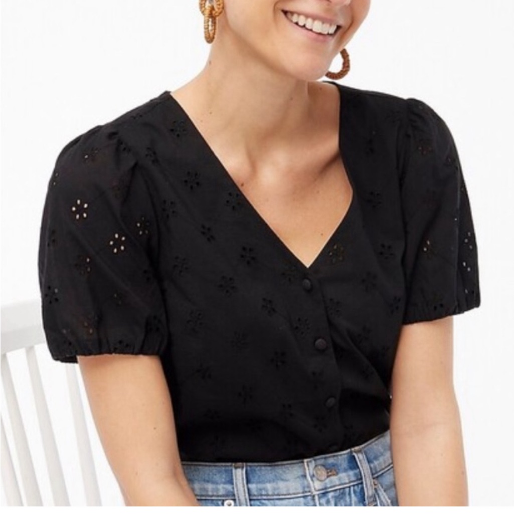 J Crew Eyelet Button Front Shirt Vneck Black
